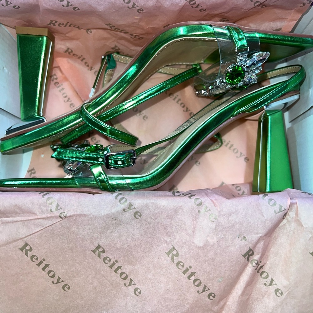 Reitoye metallic green chunky block rhinestone heels